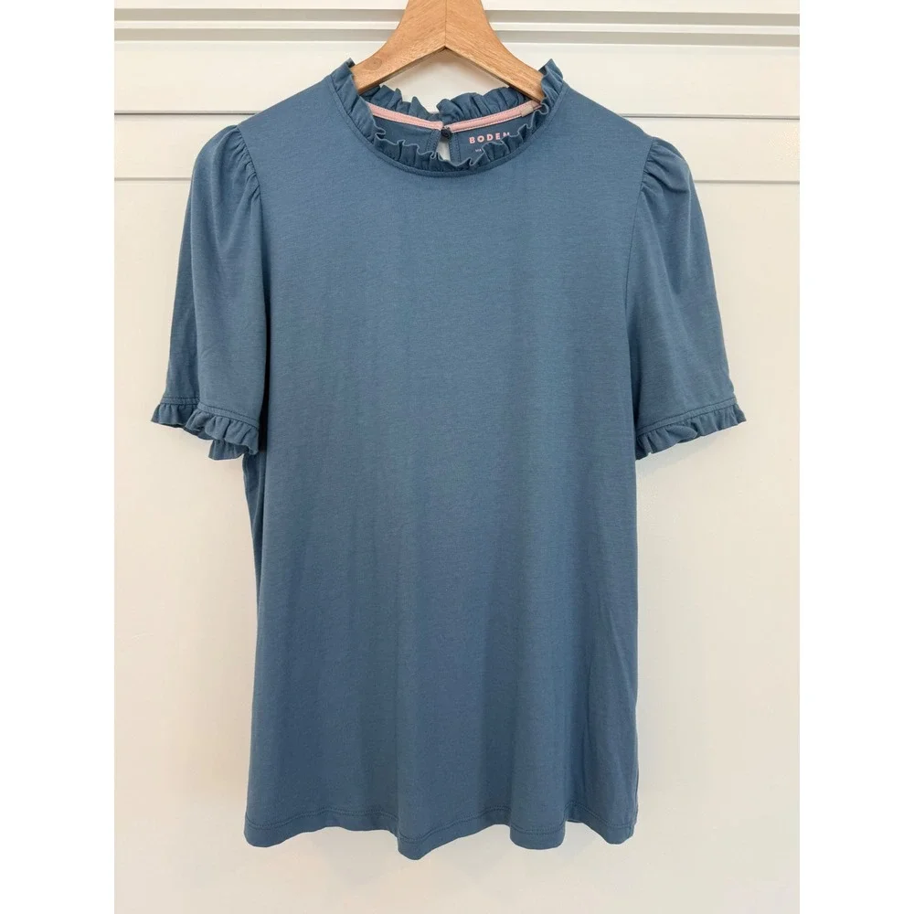 Boden Blue Ruffle Neck Puff Sleeve Keyhole Back Top Womens Size 12 US - M
